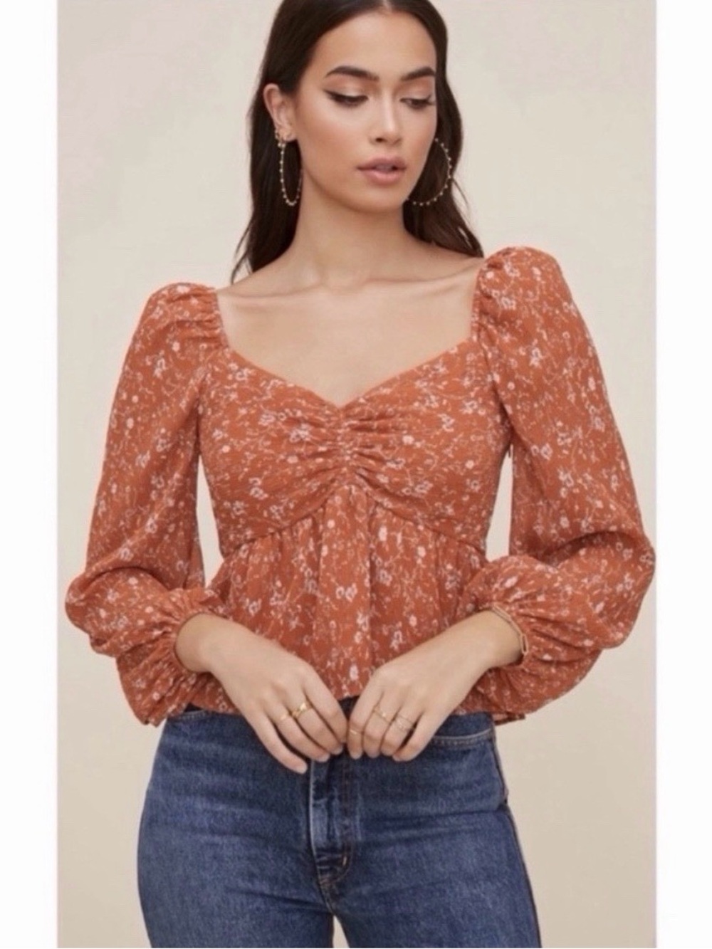 Astr Rust Floral Smocked Square-Neck Peplum Blouse